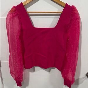 House of Harlow Women’s 1960 hot pink sheer puff long sleeve cropped knit top